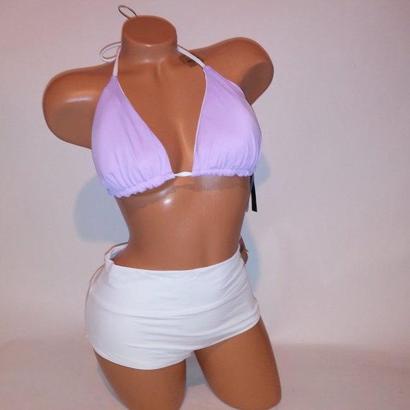 Victoria Secret PINK Swim Bikini Large White Purple Triangle Shortie String Reve - Picture 8 of 12
